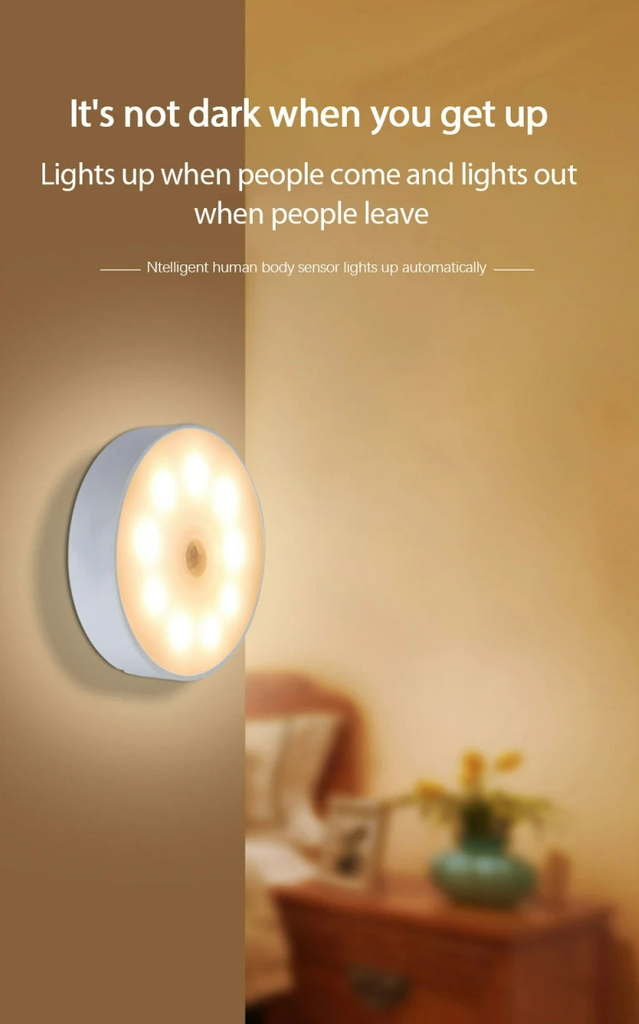 LED Smart Human Body Sensor Night Light USB Charging Usb-C Rechargeable Lamp for Bedroom Kitchen Stair Hall