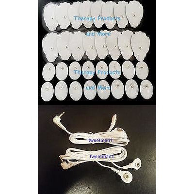 2 DUAL ELECTRODE CABLES (2.5mm)+(16 LG + 16 OVAL)PADS FOR ELECTROTHERAPY MASSAGE